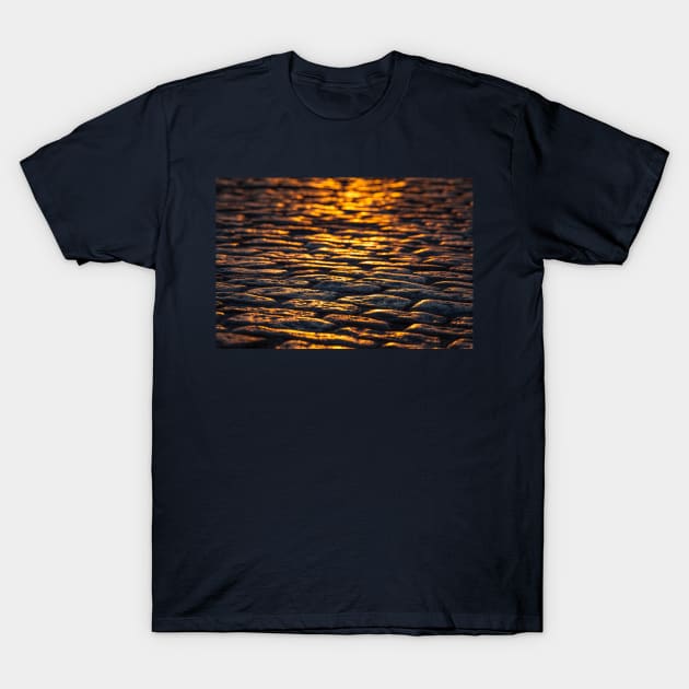 Golden Cobblestone Street at Sunset T-Shirt by mcdonojj